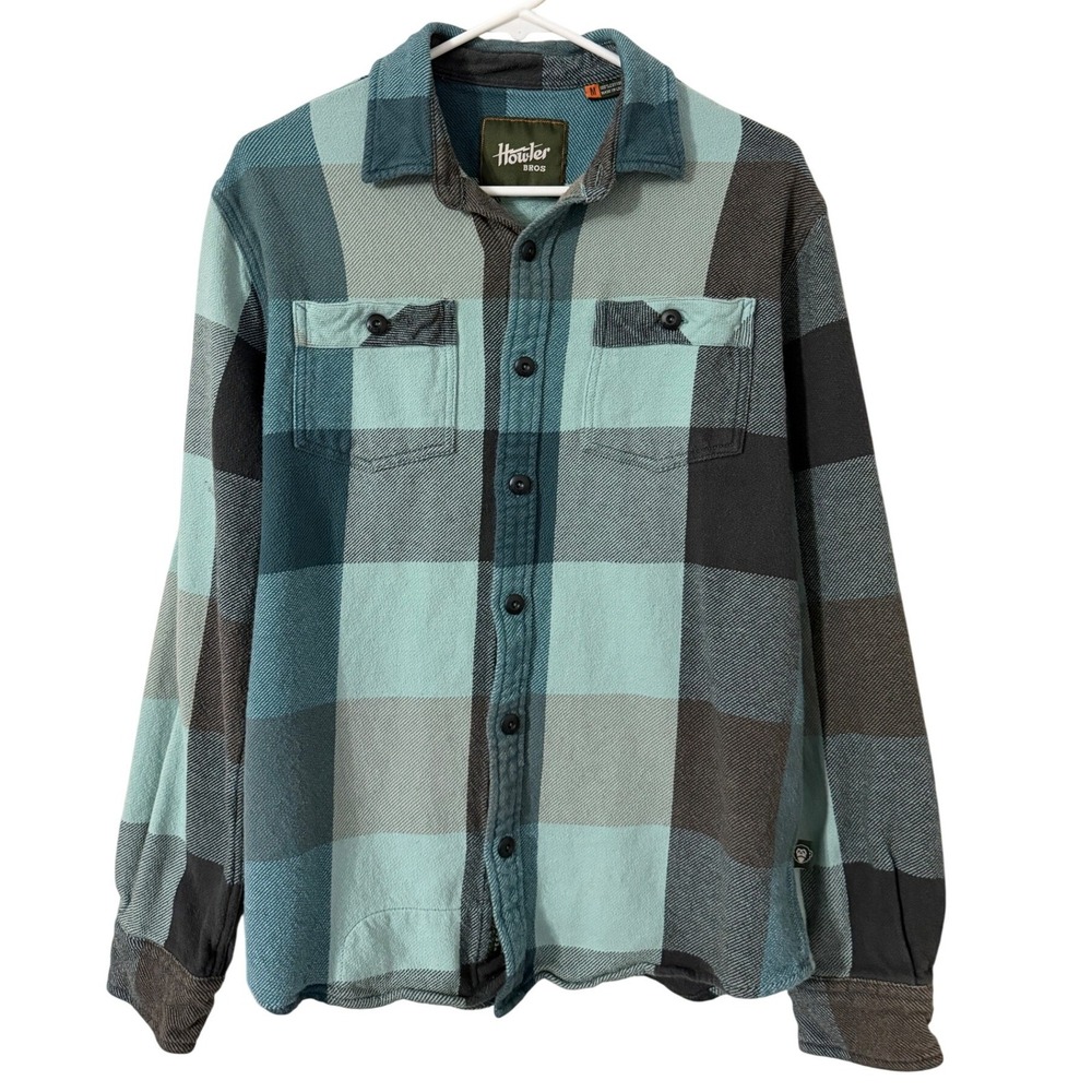 Howler Bros Mens Medium Blue Gray Plaid Flannel Button Down Shirt Elbow Patches